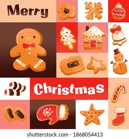 A cartoon vector illustration of super cute gingerbread christmas cookies mosaic decoration.