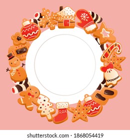 A cartoon vector illustration of super cute gingerbread christmas cookies around a white plate copy space on a peach background.