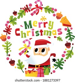 A cartoon vector illustration of a super cute cartoon happy merry christmas santa wreath.