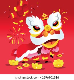 A cartoon vector illustration of super cute chinese new year boy lion dance with firecrackers and gold on a red background.