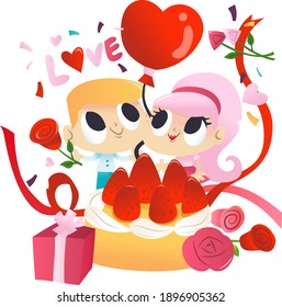 A cartoon vector illustration of a super cute couple in love in front of a big cake with flowers and other gifts.