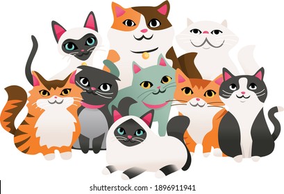 A cartoon vector illustration of super cute kittens in a group.