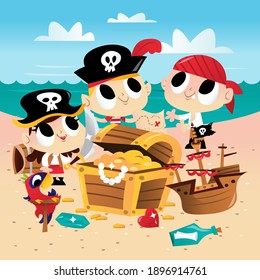A cartoon vector illustration of super cute pirate kids on a sandy beach.  Three pirate kids are standing on sandy beach in front of a treasure chest, pirate ship toy and a parrot.