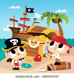 A cartoon vector illustration of a super cute pirate island treasure hunt adventure. Two pirate kids are standing on a beach with coconut tree and treasure chest.