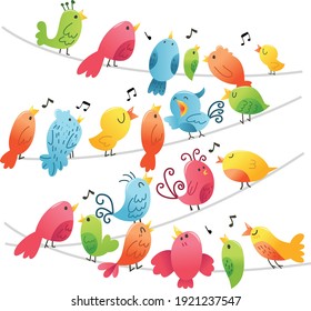 A cartoon vector illustration of super cute colorful birds gathering and singing on wires.