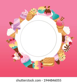 Una ilustración vectorial de dibujos animados de cremas de hielo súper adorables alrededor de un espacio de copia de placa blanca en un fondo rosado.
