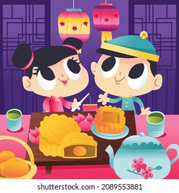 A cartoon vector illustration of super cute mid autumn festival tea party with happy kids, lanterns and mooncake.
