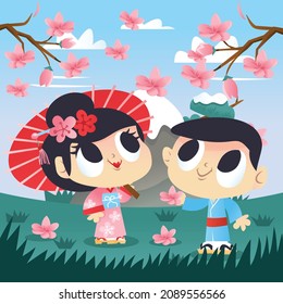 A cartoon vector illustration of super cute japanese kimono girl and boy at a cherry blossom garden.
