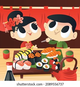A cartoon vector illustration of a super cute japanese kimono girl and boy eating in japanese sushi restaurant.