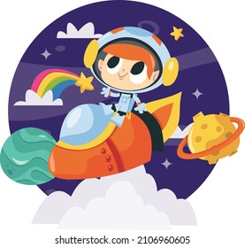 Dibujo vectorial de un astronauta super lindo volando sobre un cohete en el espacio.