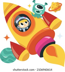 Dibujo vectorial de un astronauta súper lindo en un cohete espacial grande.