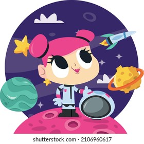 A cartoon vector illustration of a super cute astronaut girl against a dark blue cosmic sky.