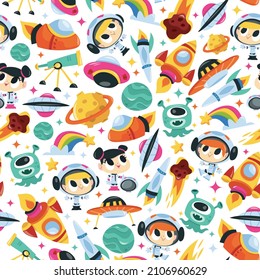 A cartoon vector illustration of super cute space adventure seamless pattern background.