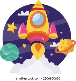 A cartoon vector illustration of a super cute yellow rocket against a dark blue sky.