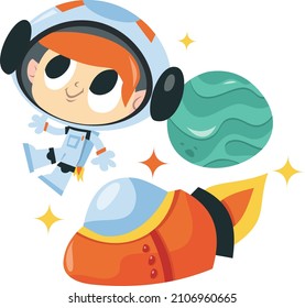 A cartoon vector illustration of a super cute astronaut boy floating in space.