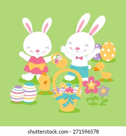 A cartoon vector illustration of super cute easter scene with a bunny girl, bunny boy, baby duck, baby chicks and easter eggs. 