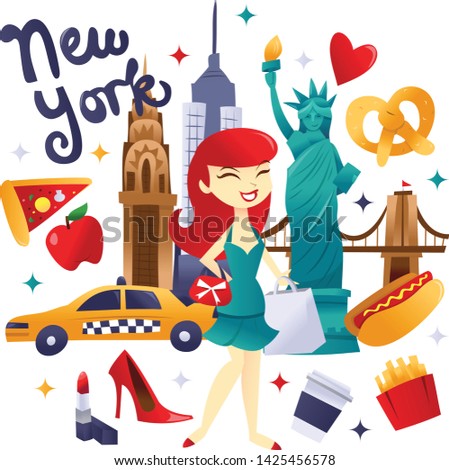 A cartoon vector illustration of super cute new york shopping and food culture. A happy girl is going shopping in the new york city and she is surrounded by iconic landmarks and food.