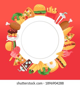 A cartoon vector illustration of super fun fast food around a white plate copy space on a red background.