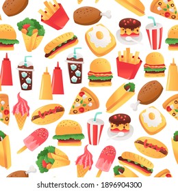 A Cartoon Vector Illustration Of Super Fun Colorful Fast Food Seamless Pattern Background.