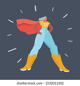 Cartoon vector illustration of Super Hero Girl in superhero coat. View from the bottom up. Human character on dark background.
