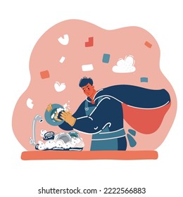 Cartoon vector illustration of super hero in costume holds washing dishes