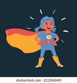 Cartoon vector illustration of Superhero kid over dark backround.