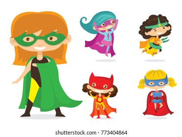 Cartoon vector illustration of Superhero Kid Girls wearing comics costumes isolated on the white background.