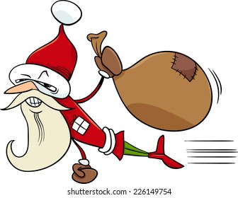 Cartoon Vector Illustration of Superhero Santa Claus Character with Sack of Christmas Presents