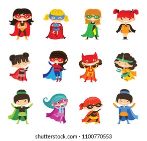 Cartoon vector illustration of Superheroes Kid Girls wearing comics costumes isolated on the white background.