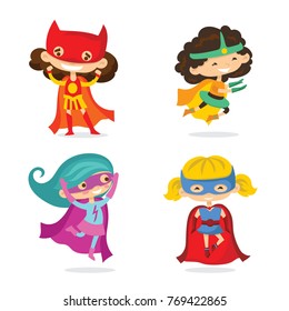 Cartoon vector illustration of Superheros Kid Girls wearing comics costumes isolated on the white background