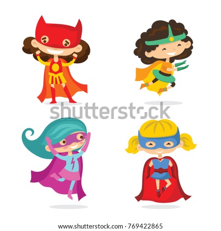 Cartoon vector illustration of Superheros Kid Girls wearing comics costumes isolated on the white background
