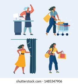 Cartoon vector illustration of Supermarket customers, cartoon characters. Woman in the dressing room, with a cart in the supermarket, cashier at cash register, with paper bags on sale.