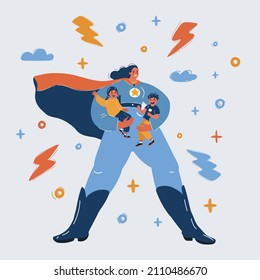 Cartoon vector illustration of superwoman hold childern.