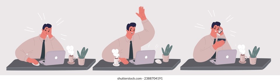 Cartoon vector illustration of Support call center man working in office scense. Boaring, chating with collegues online and shopping