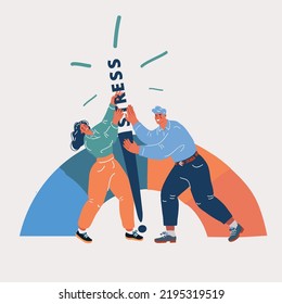 Cartoon vector illustration of support concept. Man and woman trying to move stress scales arrow. Low negative emotion concept.