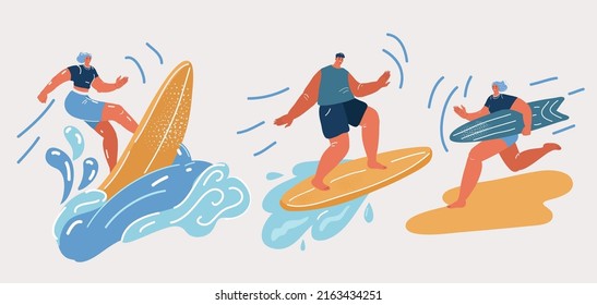 Cartoon vector illustration of Surfing people. Surfer standing on surf board in wave, surfers on beach.
