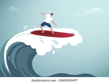 Ilustración vectorial de dibujos animados de personas surfistas. Surfista de pie en tabla de surf en ola, surfistas en la playa.