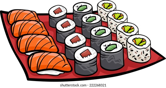 Cartoon Vector Illustration of Sushi Meal Food Objects