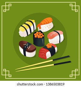 A cartoon vector illustration of sushi and sashimi on green asian or japanese background.