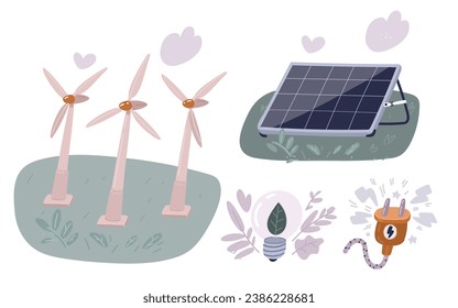 Ilustración vectorial de dibujos animados del juego de Sostenibilidad. Los personajes reducen el consumo de energía en el hogar, desenchufan los electrodomésticos y usan bombillas de bajo consumo. Concepto de ahorro de energía y electricidad verde