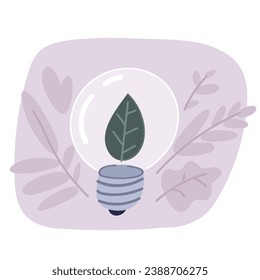 Cartoon vector illustration of Sustainable ecological energy icon. Shining electric ecology light bulb with leaf inside. Go green lamp