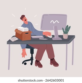 Cartoon vector illustration of Sweet dreams in the work station. Sleepy tired freelancer is snoozing at his work place, coffice stuff near on desk top. Overtimed