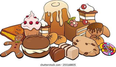 Cartoon Vector Illustration of Sweet Food like Cakes and Cookies