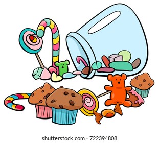 Cartoon Vector Illustration of Sweet Food like Candy or Cakes