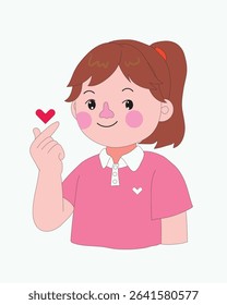 Cartoon vector illustration of a sweet girl character in a pink polo shirt showing a Korean finger heart symbol with a smile and a red heart. Perfect for children and love-themed concepts.