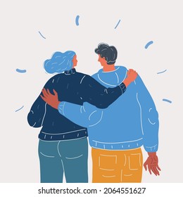 Cartoon vector illustration of Sweet partners hold each others in hands back view. Man and woman love each other