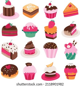 A cartoon vector illustration of sweet small cakes and cupcakes.