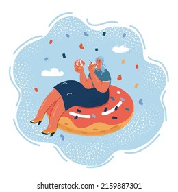 Cartoon vector illustration of Sweet tooth lady. Sweets eater tooth with great appetite lay on big donut and eat cakes