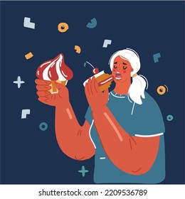 Cartoon Vector Illustration Of Sweet Tooth Woman Eating Cakes Over Dark Backround