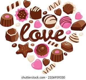 A cartoon vector illustration of sweet valentine chocolate arranged in a heart shape with the phrase love.